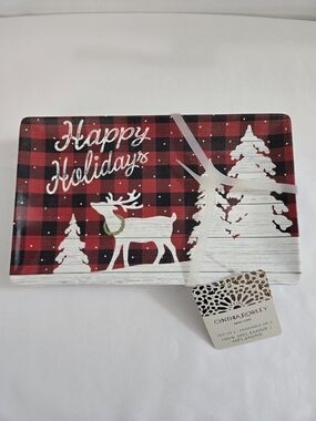 Cynthia Rowley Christmas Reindeer Buffalo Plaid Melamine Plates Set 4 NWT